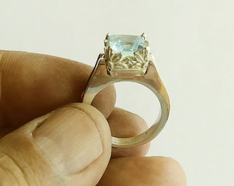Princess Cut Aquamarine Ring,  Silver Aquamarine Ring, Aquamarine Engagement Ring, Square Aquamarine Ring Women, Aquamarine Gemstone Ring