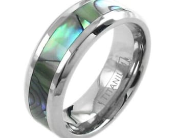 Titanium Abalone Ring, Titanium Band Abalone Inlay, Titanium Engagement Wedding Anniversary Ring for Men 8mm wide comfort fit  abalone inlay