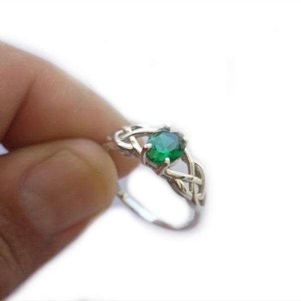 Green CZ Celtic Ring, Celtic Knot Engagement Ring, Celtic Promise Ring, Irish Celtic Ring, Silver Celtic Ring, CZ Engagement Ring
