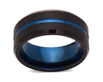 Tungsten Band Blue, Tungsten Engagement Ring, Mens Wedding Band Blue, Tungsten Carbide Ring Men, Black Tungsten Band, Anniversary Band Men