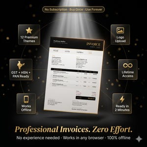 May include: A digital invoice with the text "INVOICE" is the focal point, surrounded by icons and text. The image promotes a service with features like premium themes, logo upload, and lifetime access. The tagline reads "Professional Invoices. Zero Effort."
