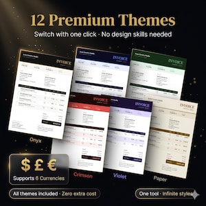 Pode incluir: Imagem mostrando 12 modelos de fatura premium com vários esquemas de cores, incluindo Onyx, Crimson, Violet e Paper. A imagem destaca a capacidade de alternar temas com um clique e suporta seis moedas. O texto na imagem diz "12 Premium Themes".