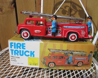 Rare Vintage Tin Lithograph F.D. Fire Engine Friction Toy- Made in