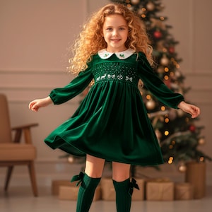 Christmas Girls Dress with Stockings: Emerald Green Velvet Smocked Retro Dress with Embroidery for Toddler Girl, Winter Xmas Holiday Outfit