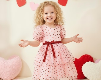 Valentine's Day Toddler Girl Dress: Pink Tulle Gown Puff Sleeve Red Hearts Polka Dot, Holiday Baby Clothes