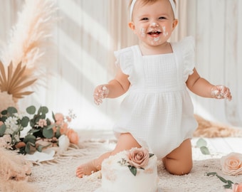 White Baby Girl Bubble Romper + Headband: 100% Cotton, Size Newborn to Toddler, Cake Smash or First Birthday Outfit