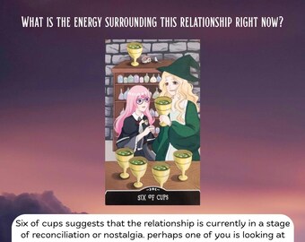 May include: A tarot card reading with the text "RELATIONSHIP READING" at the top. The image features an illustration of two women holding golden cups, with the words "SIX OF CUPS" at the bottom. The background is a gradient of purple and white.