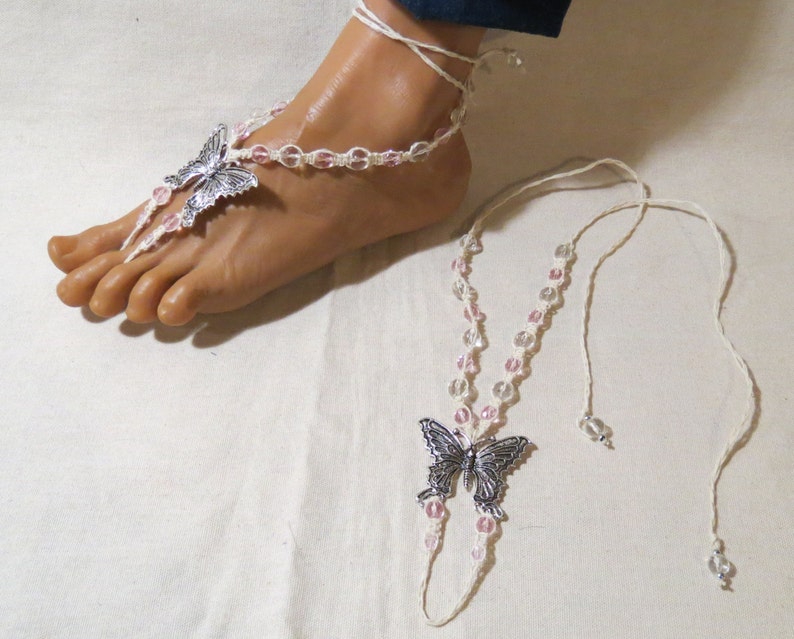 Adult size Pink and White Butterfly Barefoot Sandals DS-SS-055 Perfect for beach weddings