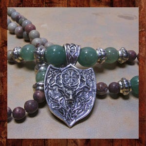 Norse or Celtic Stag Deer Necklace with Gemstone Beads. One of a Kind!