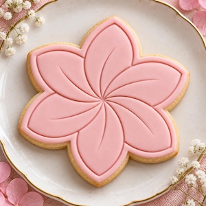 Könnte beinhalten: Ein blumenförmiger Keks, der mit glattem, hellrosa Zuckerguss verziert ist. Der Guss zeigt ein erhabenes, sechsblättriges Design mit feinen, eingedrückten Linien, die von der Mitte jedes Blütenblatts ausgehen und ein symmetrisches, wirbelndes Blumenmuster bilden.