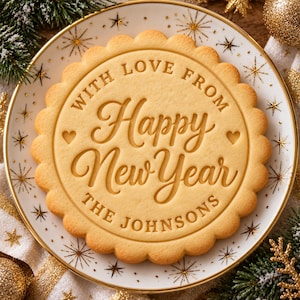 May include: A round, scalloped-edge sugar cookie with the embossed text "WITH LOVE FROM Happy New Year THE JOHNSONS" and two small hearts, centered on a white plate decorated with gold starburst patterns and a thin gold rim.