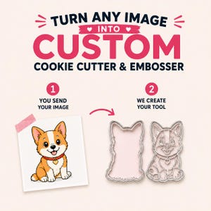 Peut inclure: Image publicitaire pour des emporte-pièces et des gaufrage personnalisés. Le texte indique "Transformez n'importe quelle image en emporte-pièce et gaufrage personnalisés". Une illustration de corgi est affichée à côté d'un emporte-pièce et d'un gaufrage du même motif.