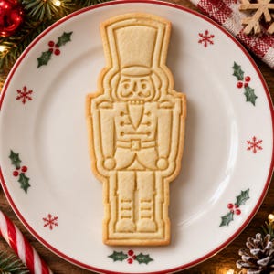May include: A light beige, rectangular-shaped sugar cookie embossed with a detailed nutcracker figure wearing a tall hat, a jacket with buttons, and boots. The cookie is centered on a white ceramic plate decorated with red holly berries and leaves.