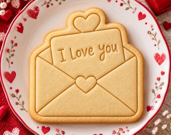 Tagliabiscotti e timbro a forma di lettera d'amore, timbro per buste di San Valentino