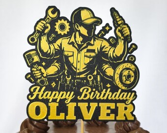 Personalized Mehanic Cake Topper with Stand, Custom Cake Topper, Custom Name, Keepsake Birthday Gift