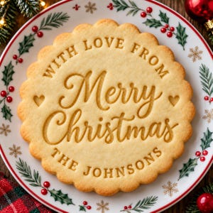 May include: A round, scalloped-edge sugar cookie featuring the embossed text "WITH LOVE FROM Merry Christmas THE JOHNSONS" with two small heart icons, centered on a white plate decorated with green holly leaves, red berries, and gold snowflakes.