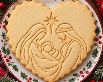 Nativity Heart Cookie Cutter and Embosser, Holy Family Christmas Cookie Stamp