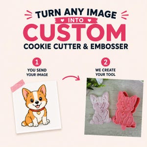 Può includere: Un grafico con il testo TURN ANY IMAGE INTO CUSTOM COOKIE CUTTER & EMBOSSER. Il passaggio 1 mostra un'illustrazione di un corgi. Il passaggio 2 mostra una forma di corgi in rilievo rosa chiaro e un tagliabiscotti in plastica rossa a forma di corgi.