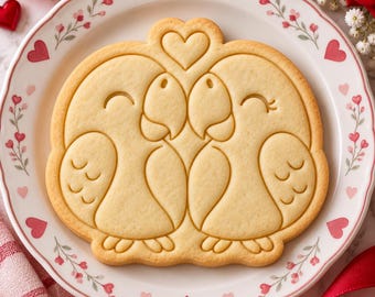 Tagliabiscotti e timbro a forma di cuore con uccellini innamorati per San Valentino.