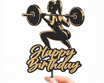 Weightlifting Birthday Cake Topper – Female Lifter Silhouette, Gold Black Finish