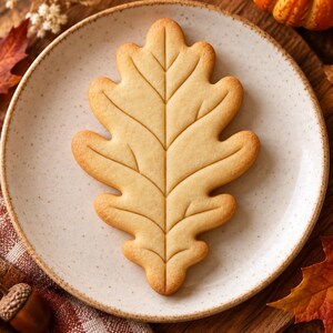 May include: A light golden-brown sugar cookie shaped like an oak leaf with detailed embossed veins. The cookie is centered on a round, speckled, off-white ceramic plate. The surface of the cookie is smooth with a uniform baked texture.
