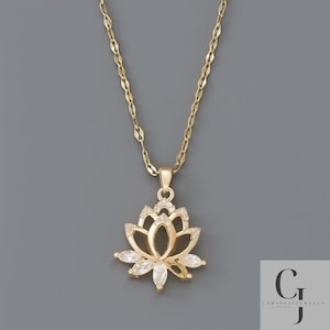 Gold Lotus Necklace – Dainty Lotus Flower Pendant with Gem Stone Accents