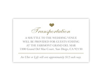 Wedding Transportation Card / Reception Shuttle Service w/ Uber Cost / Destination Wedding Travel Information / Wedding Shuttle Instructions