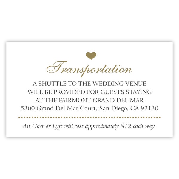 Wedding Transportation Card / Reception Shuttle Service w/ Uber Cost / Destination Wedding Travel Information / Wedding Shuttle Instructions