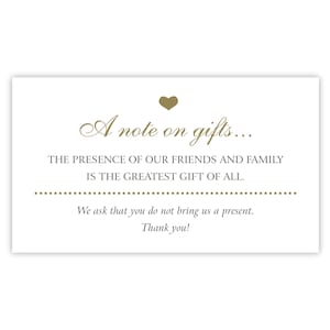 Pas de cadeau s'il vous plaît | Une note sur les cartes-cadeaux | Insertion d'invitation / carte de visite | Pas de cadeau de mariage | Pas de cadeau d'anniversaire | Pas de cadeau s'il vous plaît