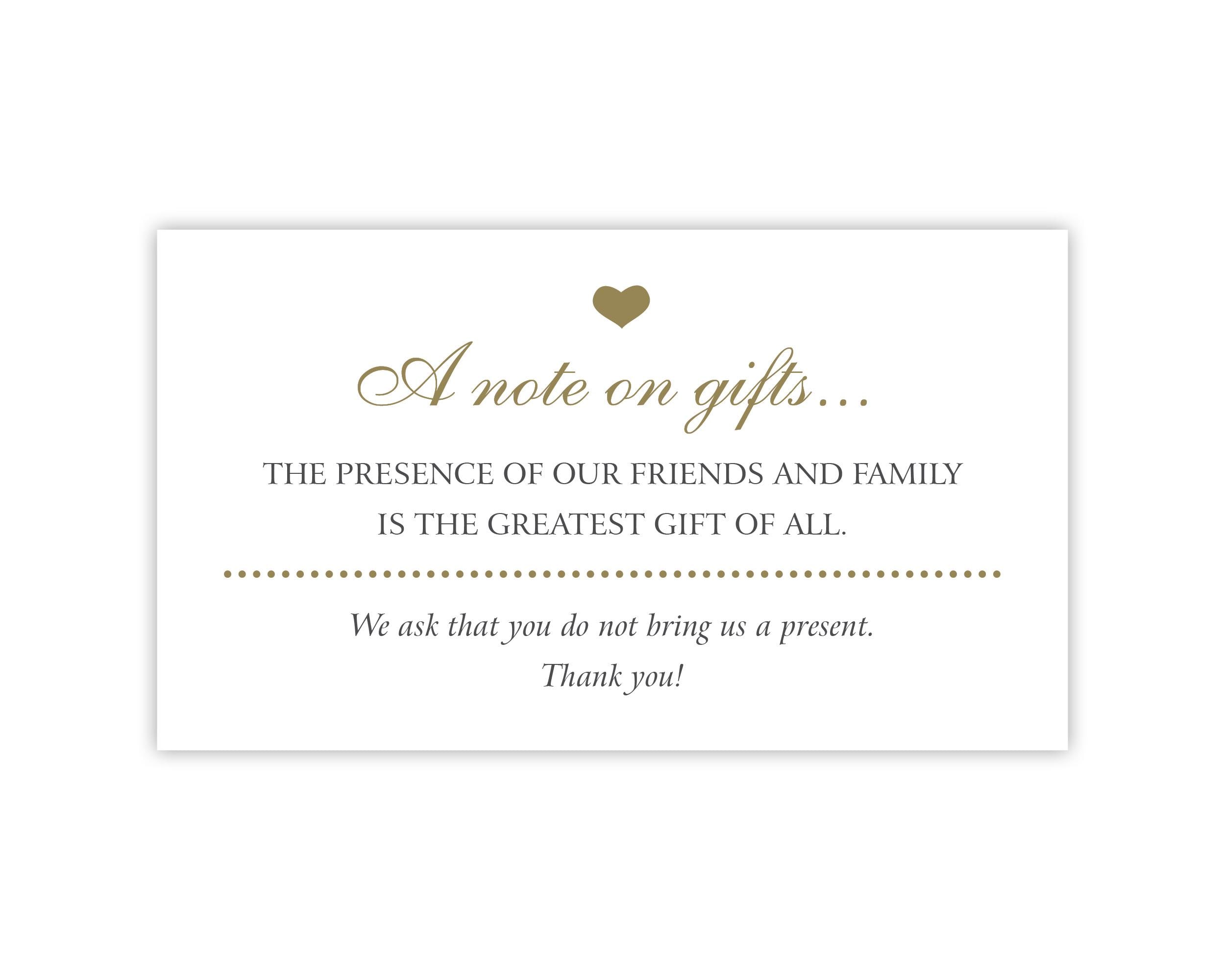 No Gifts Please | A Note on Gifts Card | Invitation Insert / Enclosure Card  | No Wedding Gifts | No Birthday Gifts | No Presents Please - Etsy, image size:2500x2000