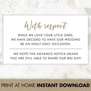 Imprimible No hay niños en tarjetas de boda / No se permiten niños en tarjetas de inserción de invitación de boda / Tarjetas de recinto de boda solo para adultos