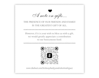 A Note on Gifts Card w/ Venmo QR Code / Request for Honeymoon Fund Cash / Money for Honeymoon / Wedding Invitation Insert / Enclosure Card