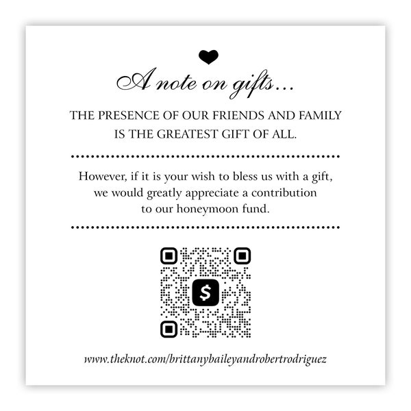 A Note on Gifts Card w/ Venmo QR Code / Request for Honeymoon Fund Cash / Money for Honeymoon / Wedding Invitation Insert / Enclosure Card