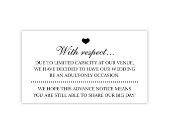 Printed No Children, No Kids Allowed at Wedding Invitation Insert / Adult Only Wedding Enclosure Card for Save The Date / Child Free Wedding