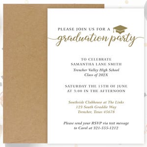 5x7 Graduation Party Invitations (in Gold or School Colors) | Printable or Printed High School Graduation Party Invitations | Kraft Envelope