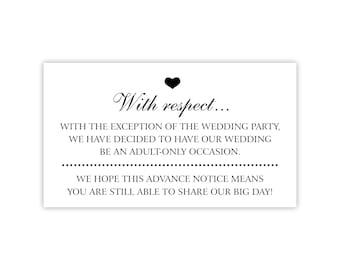 Please No Kids or Children at Wedding Invitation Insert Card or Enclosure Card for Adult Only Wedding, Printed, With Respect
