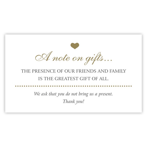 No Gifts Please, A Note on Gifts Card, Printed Invitation Insert / Enclosure Card, No Wedding Gifts, No Birthday Gifts, No Presents Please