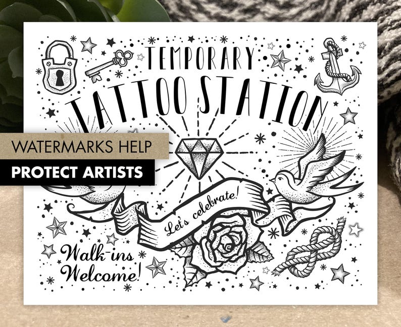 Temporary Tattoo Station Sign | Old School Flash Tattoo Party Decor (8x10 Printable)