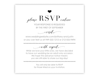 Online RSVP Card for Wedding | Printed Reply Insert | No Kids at Wedding Note