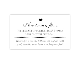 A Note on Gifts Card w/ Request for Honeymoon Fund Cash | Money for Honeymoon | Wedding Invitation Insert / Enclosure Card | Financial Gifts