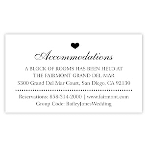 Scheda di sistemazione in hotel per matrimonio a destinazione con informazioni sul blocco della camera / Scheda di prenotazione della camera / Scheda di allegato per invito a nozze
