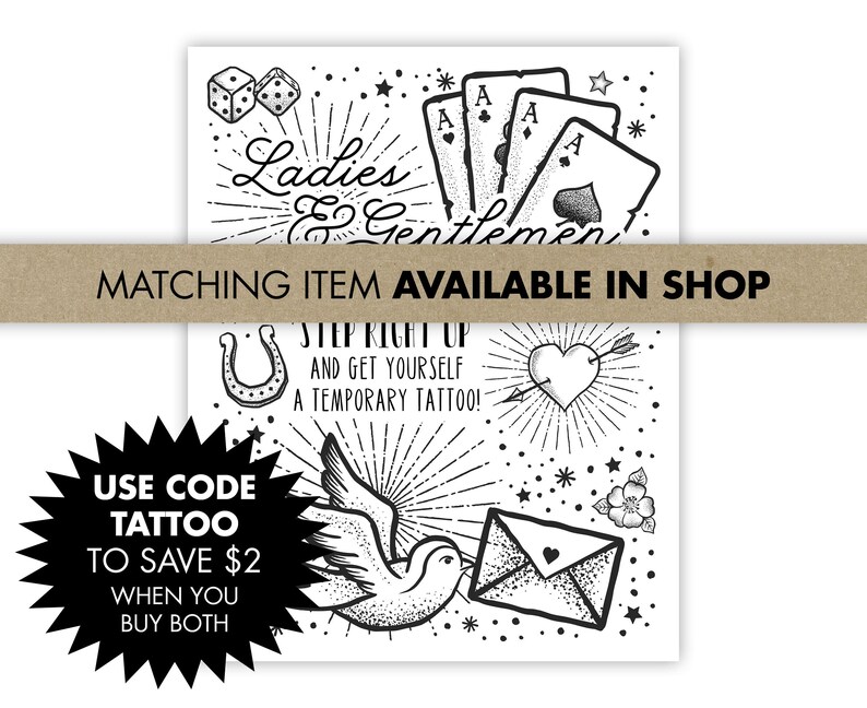 Temporary Tattoo Station Sign | Old School Flash Tattoo Party Decor (8x10 Printable)