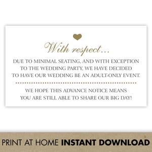 Tarjeta de invitación de boda imprimible solo para adultos / No se permiten niños en la boda debido al mínimo de asientos / No se permiten niños excepto en la fiesta de bodas