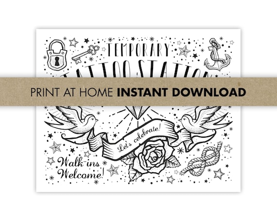 Temporary Tattoo Station Sign | Old School Flash Tattoo Party Decor (8x10 Printable)