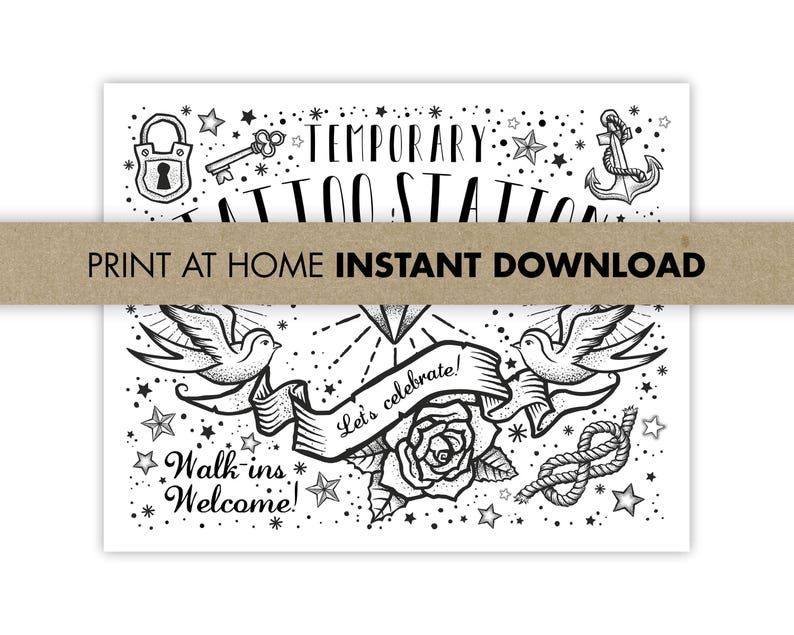 Temporary Tattoo Station Sign | Old School Flash Tattoo Party Decor (8x10 Printable)