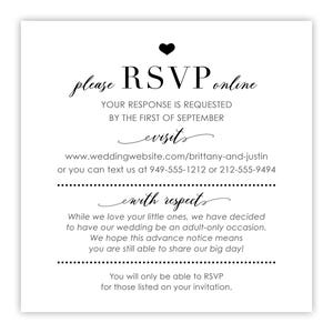 Carte RSVP en ligne pour une réponse en ligne à une invitation de mariage | de réponse avec le site Web du mariage et pas d'enfants, pas d'enfants au mariage | RSVP en ligne