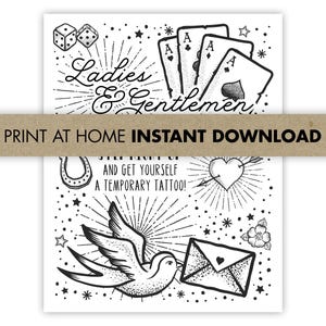 Temporary Tattoo Station Wedding Favor Sign | Old School Flash Tattoo Sign for Tattoo Party Favors | Birthday, Bachelorette | Printable 8x10
