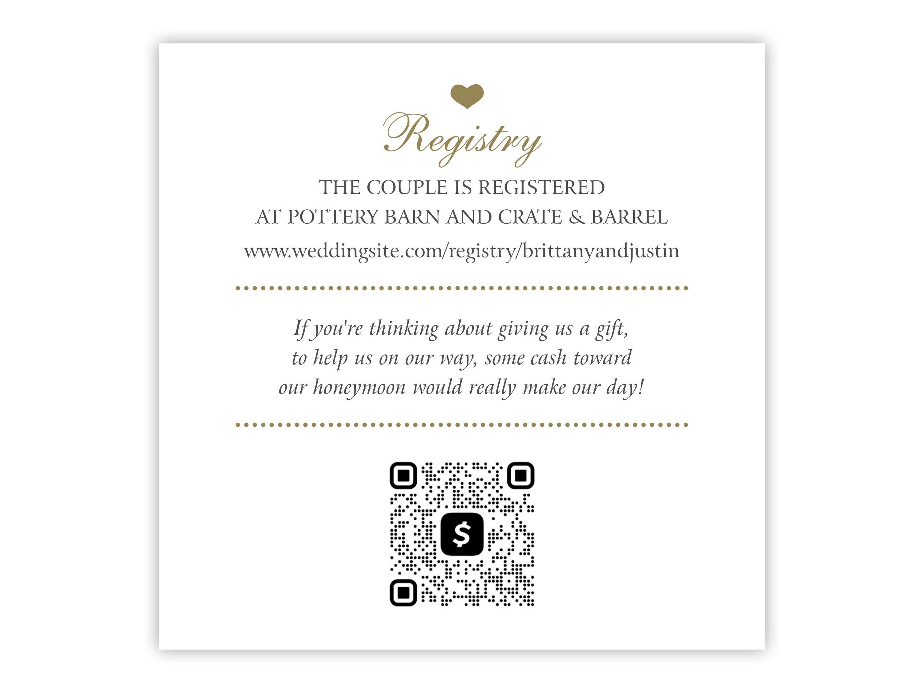 Wedding Registry Cards With Qr Code Gift Registry, Honeymoon Fund, Cash & Monetary Gifts