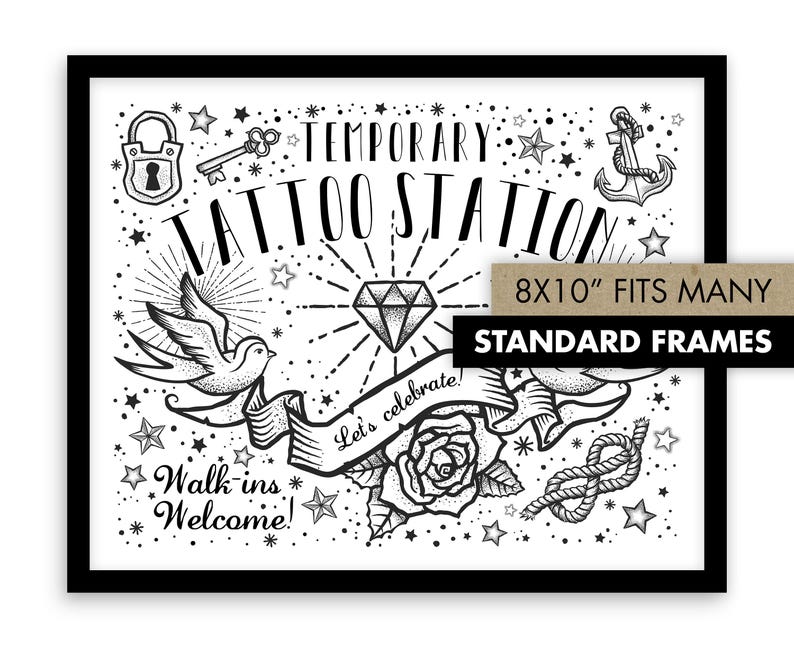 Temporary Tattoo Station Sign | Old School Flash Tattoo Party Decor (8x10 Printable)