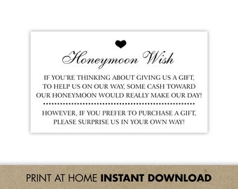 Honeymoon Wish Card Template / Printable Honeymoon Fund Insert or Honeyfund Enclosure Card for Wedding Invitations, Save The Dates